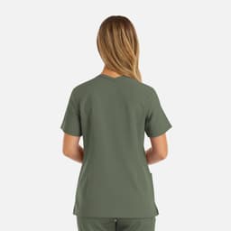 A women's double V-neck top in olive green, featuring short sleeves and a relaxed fit, with a logo present.