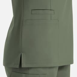 A women's double V-neck top in a muted olive green colour, featuring side slits and pockets.