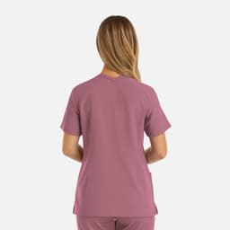 A women's double V-neck top in a muted mauve colour, featuring short sleeves and a relaxed fit.