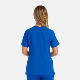 A women's double V-neck top in vibrant blue, featuring short sleeves and a straight cut. The back view is shown.