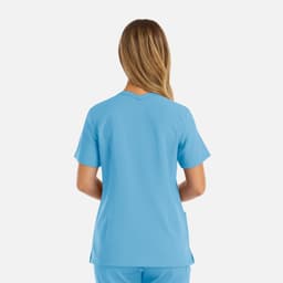 A women's double V-neck top in light blue, featuring short sleeves and a simple design. It has a logo.