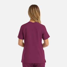 A women’s double V-neck top in a deep burgundy colour, featuring short sleeves and a back view.