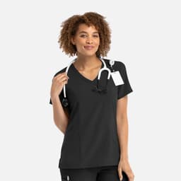 A black mock wrap top with a V-neck, featuring a fitted design and a stethoscope draped around the model's neck.