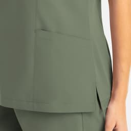 A women's mock wrap top in olive green, featuring a side pocket and a sleek design.