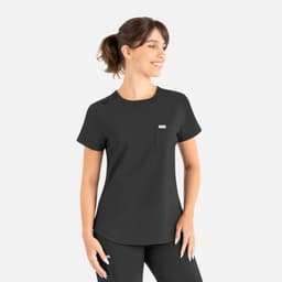 A black round neck scrub top with a pocket and a logo, featuring a relaxed fit and short sleeves.