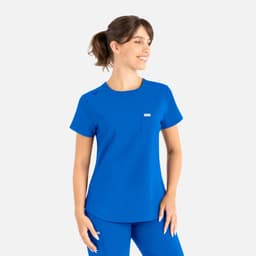 A bright blue round neck top featuring short sleeves and a pocket, designed as part of a scrubs uniform.