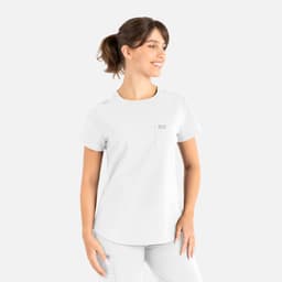 A white round neck top with short sleeves, featuring a pocket and a logo. Ideal for uniforms or scrubs.