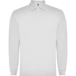 A long-sleeved, white polo shirt featuring a collar and a logo.