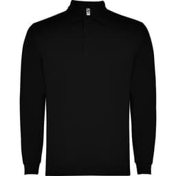 A black long-sleeve polo shirt with a collar and buttons, featuring a logo on the label.