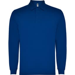 A long-sleeved polo shirt in a vibrant blue colour, featuring a collar and three buttons. It has a logo on the side.