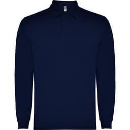 A navy long-sleeve polo shirt featuring a collar and a single branding logo.