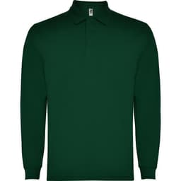 A long-sleeved polo shirt in dark green with a collar and buttons. It features a logo on the upper side.