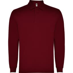 A maroon long-sleeved polo shirt with a collar and three buttons, featuring a logo on the chest.