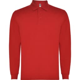 A red long-sleeve polo shirt with a collar and three buttons, featuring a branding logo.