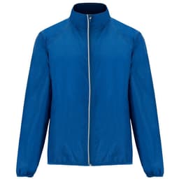 A lightweight windbreaker jacket in blue, featuring a front zipper and a collar, with a small logo on the chest.