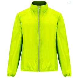 A lightweight windbreaker jacket in bright lime green with a full zip and a collar. Features a logo.