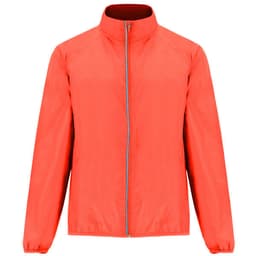 A lightweight windbreaker jacket in bright red with a full zip and elastic cuffs. It features a logo.