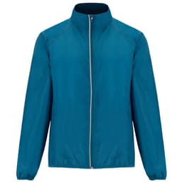 A lightweight windbreaker jacket in teal, featuring long sleeves and a zip front. It has a logo on it.