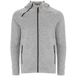 A grey sweat jacket with a hood, featuring a zip front and two side pockets. It has a logo on the chest.