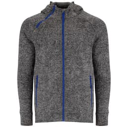 A grey sweatshirt jacket with a hood, featuring blue zip accents and pockets, includes a branding logo.