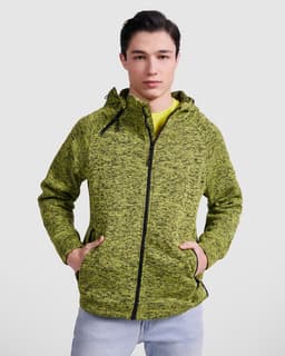 A green and black marled sweatshirt jacket with a hood, featuring a front zip and pockets.