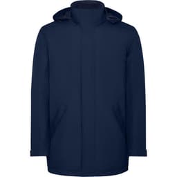 A navy blue parka jacket featuring a hood and side pockets, with a logo on the fabric.