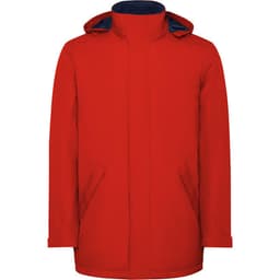 A red parka with a hood and navy lining, featuring side pockets and a straight cut. It has a simple design and a logo.