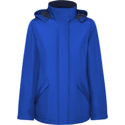 A blue women's parka featuring a hood and side pockets, with a smooth exterior and a stylish design.