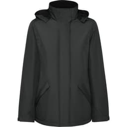 A women's parka in black, featuring a hood and side pockets, with a simple design and no visible branding.