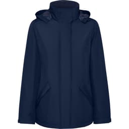 A navy women's parka with a hood and side pockets, featuring a branded logo.