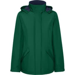 A women's parka in dark green with a hood, featuring two front pockets and a contrasting dark inner lining.