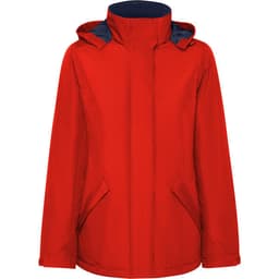 A red women's parka jacket with a navy hood, featuring side pockets and a modern design.