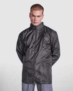 A black jacket with a high collar and pockets, featuring a branded logo. Suitable for casual wear.