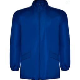 A blue rain jacket featuring a zip closure and side pockets, with a logo on the chest area.