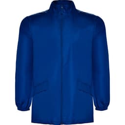 A blue rain jacket featuring a full zip and elastic cuffs, with side pockets and a logo.