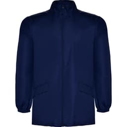 A navy blue jacket featuring a zip front and long sleeves, with side pockets and an accompanying logo.