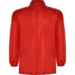 A red jacket with a zip front, long sleeves, and side pockets, featuring a logo on the chest.