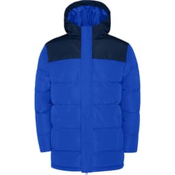 A blue and navy water-repellent parka with a hood and padded design. It features a logo on the front.