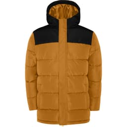 A water-repellent parka in warm orange with a black hood and upper section, featuring a logo on the front.