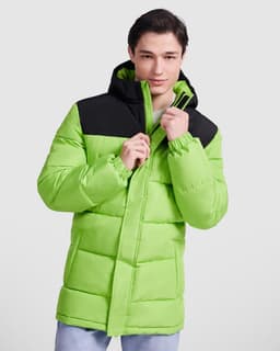 A bright green and black water-repellent parka featuring a zip closure and a hood, with a logo on the chest.