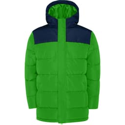 A vibrant green water-repellent parka with a navy blue hood and upper panel, featuring a logo.