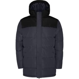A water-repellent parka in navy and black, featuring a hood and a zip-front design. Includes a logo.