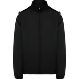 A black water-repellent jacket with a front zipper and shoulder detailing, featuring two side pockets and a logo.