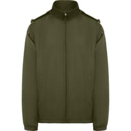 A water-repellent jacket in olive green with a zip front and shoulder detailing, featuring a logo.