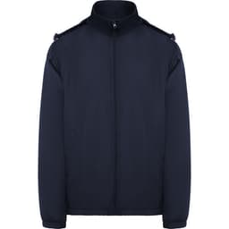 A navy water-repellent jacket with a zip front and shoulder detailing. It features a logo.