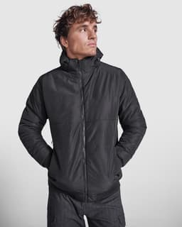 A black water-repellent jacket with a high collar, featuring a zip front and two side pockets. It has a logo on it.