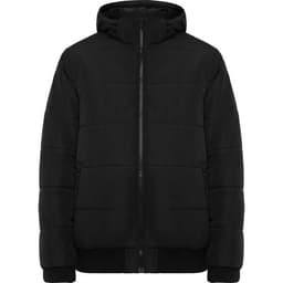A black water-repellent jacket with a hood, featuring padded sections and a zip closure. It has a logo on the front.