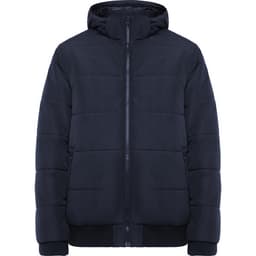A water-repellent jacket in navy blue with a hood, featuring a zip closure and puffer design. It has a logo on it.