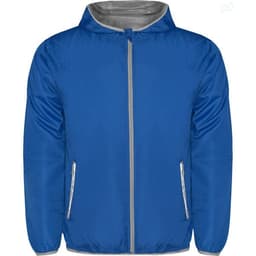A blue Angelo Windbreaker jacket with a grey interior and two side pockets, featuring a hood and a logo.