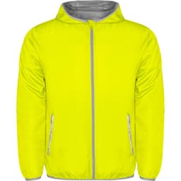 A bright yellow windbreaker jacket featuring a front zip and side pockets, with a grey lining and reflective detailing.